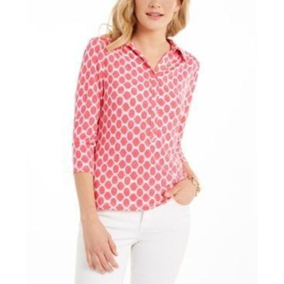 Charter Club Petite Printed 3/4-Sleeve Polo Top Tuscon Coral Combo PL - Picture 1 of 1